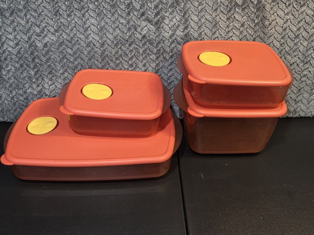 Vintage Rock N Serve Tupperware Set Of 4 Containers & Lids Red/yellow